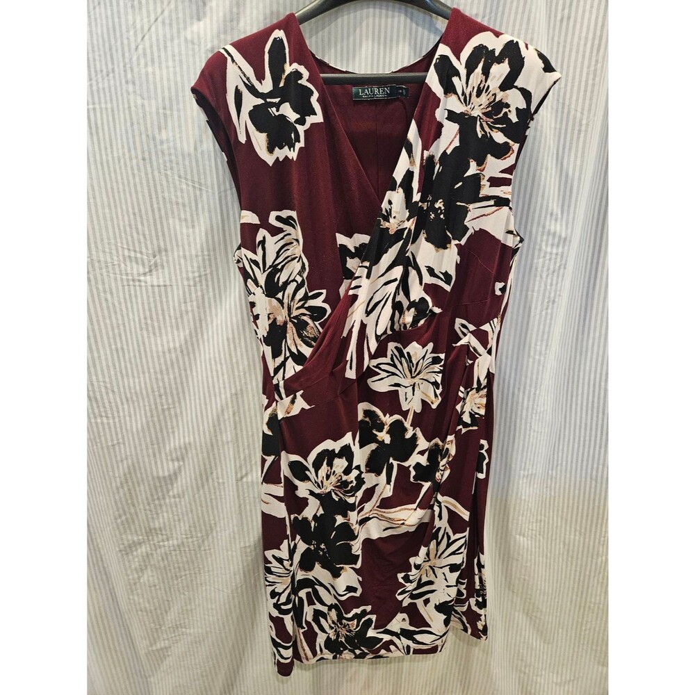 Lauren Ralph Lauren Burgundy Roughed Sheath Dress Faux Wrap V-Neck SZ 16 Stretch